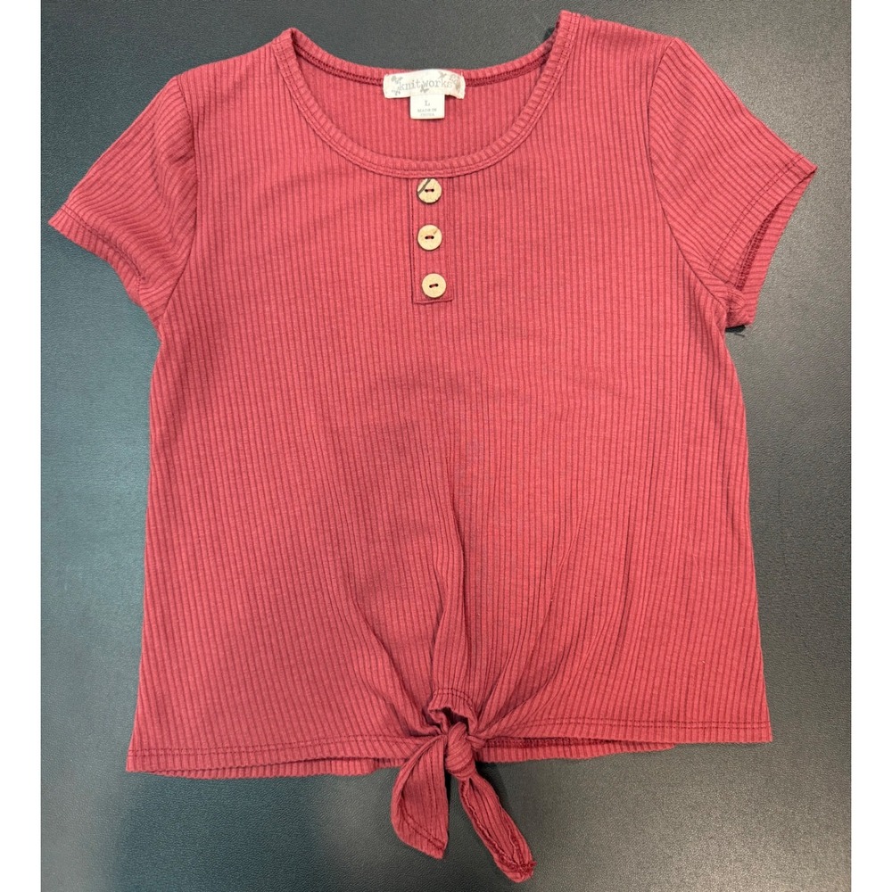 Knit Works Girls Large Burgundy Red Ribbed Tie Front Henley Short Sleeve Top L